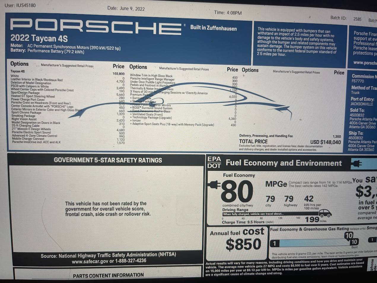 Porsche Taycan For Transfer (LEASE, USA): 2022 CPO'd Taycan 4S in Carrera White - 148k MSRP, 999/m + Tax effective 75218742214__C02072C8-7290-4014-B190-A79452D5E9B5.JPG