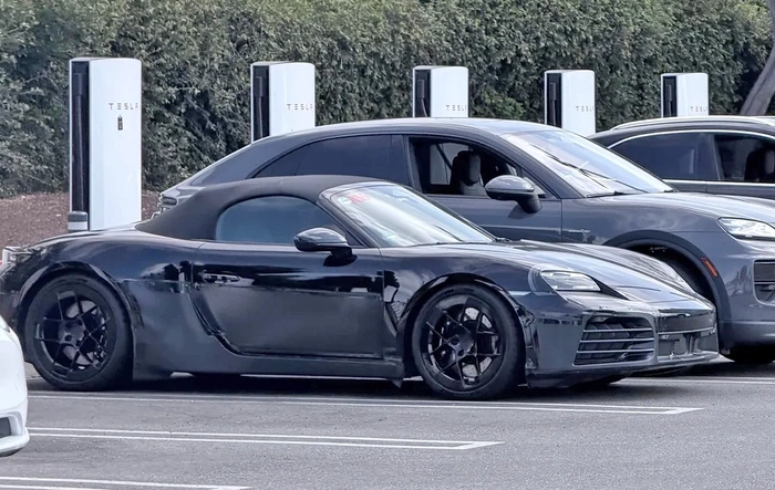 718 EV Boxster Electric spotted charging at Tesla Supercharger in California
